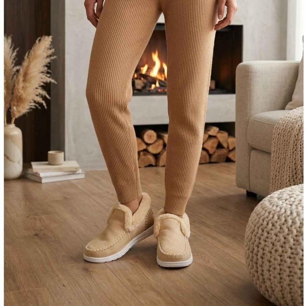 Tan Faux Fur Lined Moccasin Ankle Slip On Size 41 Whipstitch Detail Plush Cozy